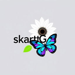 A modern logo featuring a white sunflower (girazol) alongside a blue and purple butterfly