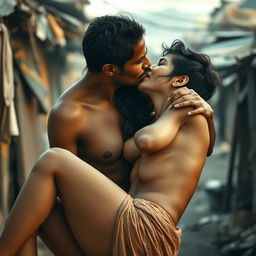 A sultry Pakistani woman with long, sexy legs, engaged in an intimate encounter with a poor man in a slum setting