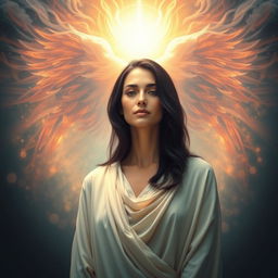 A serene and inspirational background featuring a dark-haired woman standing in harmony with a majestic representation of God