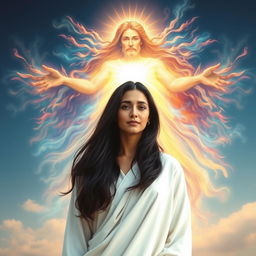 A serene and inspirational background featuring a dark-haired woman standing in harmony with a majestic representation of God