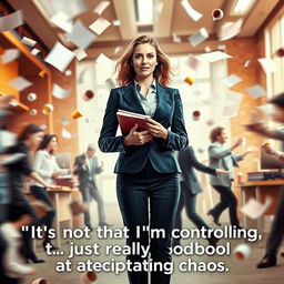 A visually striking scene depicting a confident woman in a modern office, surrounded by a whirlwind of chaotic elements like papers flying, coffee cups tipping over, and people in hurried motion