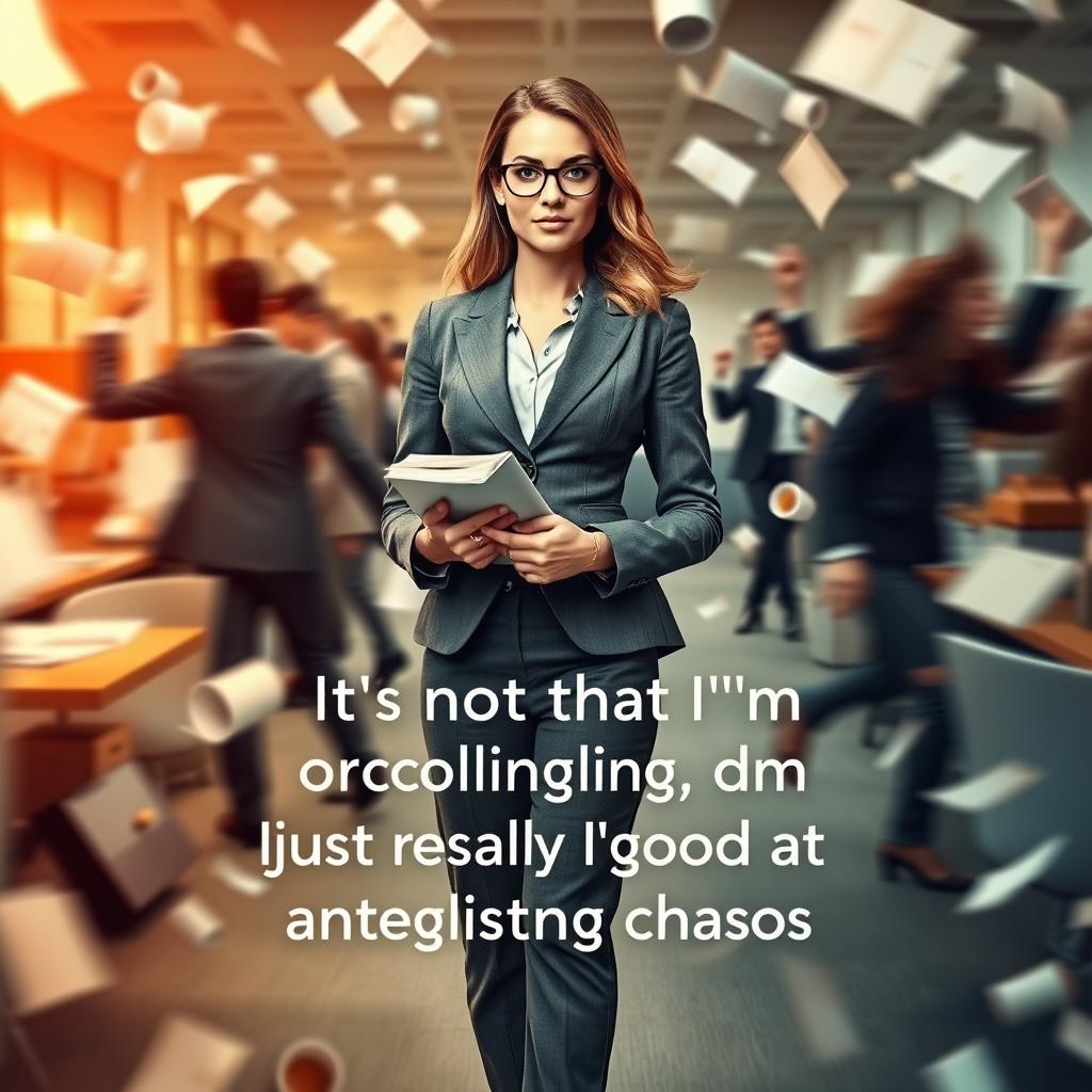 A visually striking scene depicting a confident woman in a modern office, surrounded by a whirlwind of chaotic elements like papers flying, coffee cups tipping over, and people in hurried motion