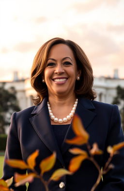 A portrait of Kamala Harris, the Vice President of the United States, standing confidently with a warm smile