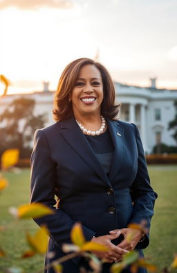 A portrait of Kamala Harris, the Vice President of the United States, standing confidently with a warm smile