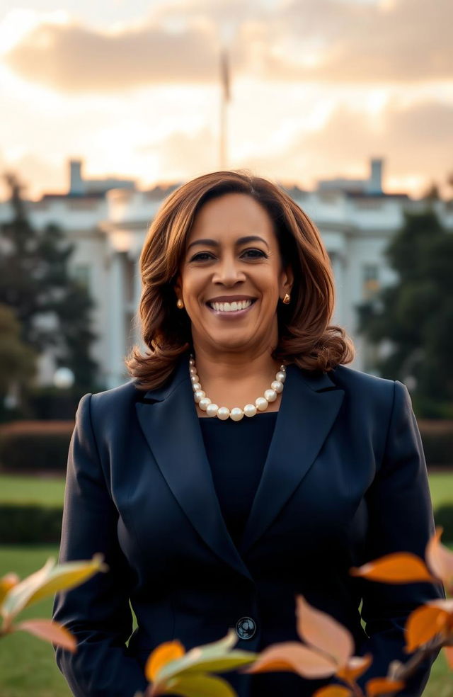 A portrait of Kamala Harris, the Vice President of the United States, standing confidently with a warm smile