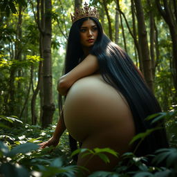 A Thai giant woman with long black hair, wearing a crown, featuring large breasts, a seductive appearance, and a plump figure