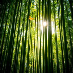 A serene bamboo forest, sunlight filtering through the tall, green bamboo stalks, casting gentle shadows on the forest floor