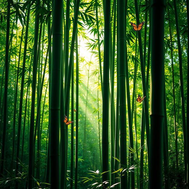 A serene bamboo forest, sunlight filtering through the tall, green bamboo stalks, casting gentle shadows on the forest floor