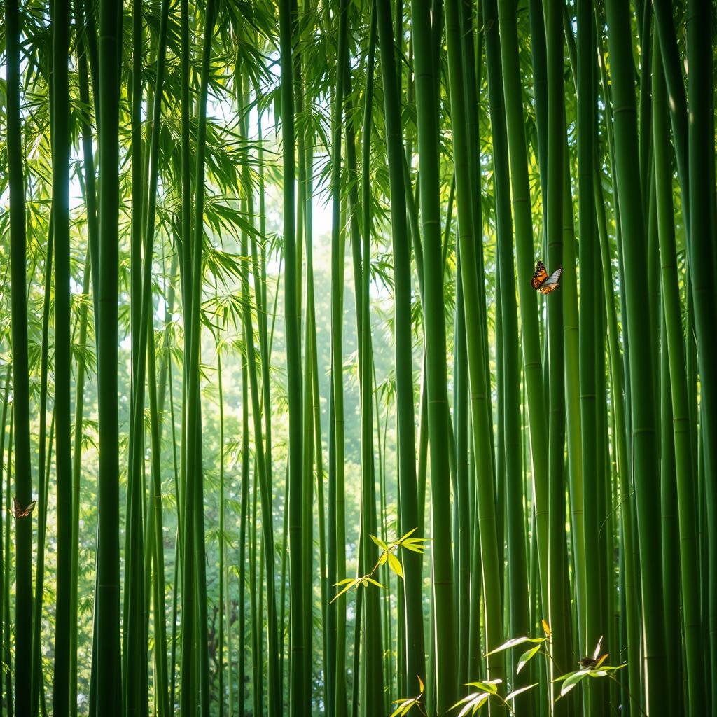 A serene bamboo forest, sunlight filtering through the tall, green bamboo stalks, casting gentle shadows on the forest floor