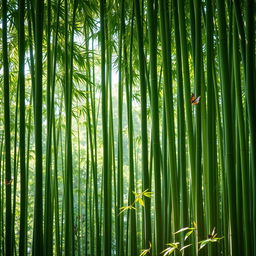 A serene bamboo forest, sunlight filtering through the tall, green bamboo stalks, casting gentle shadows on the forest floor