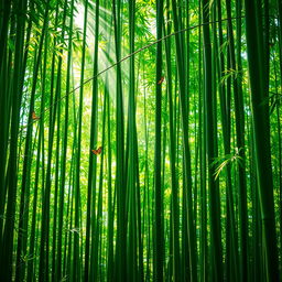 A serene bamboo forest, sunlight filtering through the tall, green bamboo stalks, casting gentle shadows on the forest floor