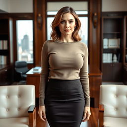 A 27-year-old buxom female attorney, standing confidently in her office