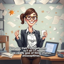A funny hyper-realistic illustration of a woman Executive Assistant in a chaotic office environment