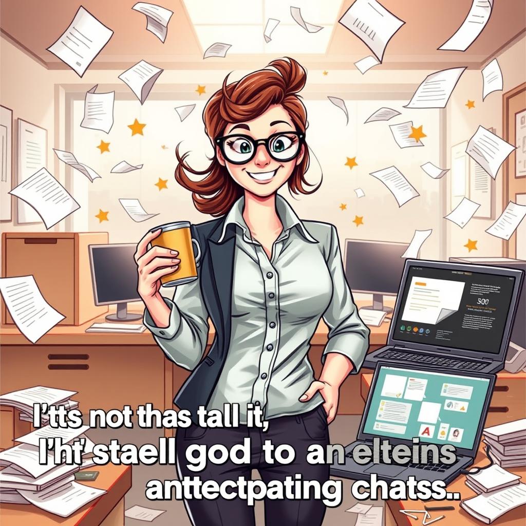 A funny hyper-realistic illustration of a woman Executive Assistant in a chaotic office environment