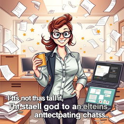 A funny hyper-realistic illustration of a woman Executive Assistant in a chaotic office environment