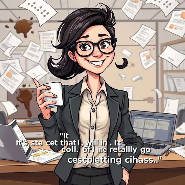 A funny hyper-realistic illustration of a woman Executive Assistant in a chaotic office environment