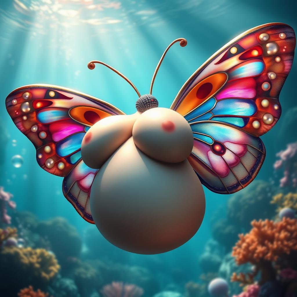 An alluring and voluptuous marine butterfly creature, featuring exaggerated large breasts and a curvy figure