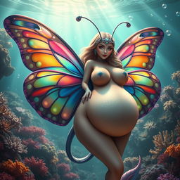 An alluring and voluptuous marine butterfly creature, featuring exaggerated large breasts and a curvy figure