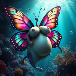 An alluring and voluptuous marine butterfly creature, featuring exaggerated large breasts and a curvy figure