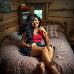 A cute Indian girl with long legs, lying on a bed in a modest lodge