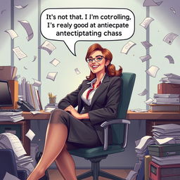 A hyper-realistic illustration of a confident and stylish woman Executive Assistant sitting at a cluttered desk with a playful smile, surrounded by chaos such as papers flying everywhere and a ringing phone