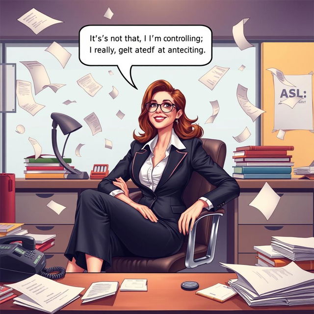 A hyper-realistic illustration of a confident and stylish woman Executive Assistant sitting at a cluttered desk with a playful smile, surrounded by chaos such as papers flying everywhere and a ringing phone