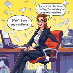 A hyper-realistic illustration of a confident and stylish woman Executive Assistant sitting at a cluttered desk with a playful smile, surrounded by chaos such as papers flying everywhere and a ringing phone
