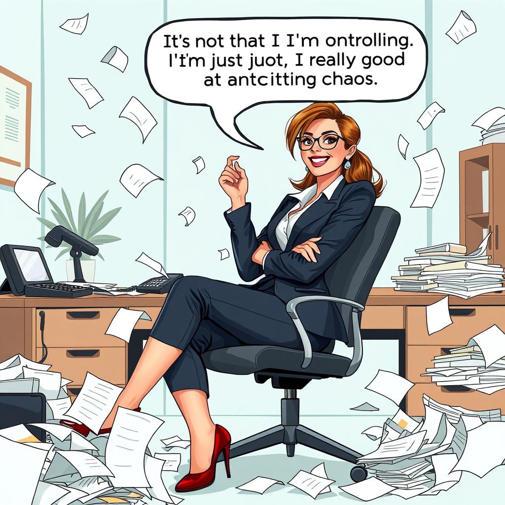 A hyper-realistic illustration of a confident and stylish woman Executive Assistant sitting at a cluttered desk with a playful smile, surrounded by chaos such as papers flying everywhere and a ringing phone