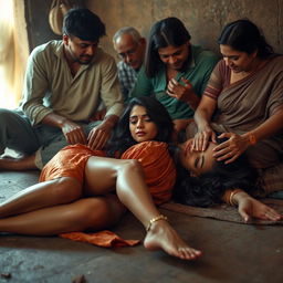 A sensual scene depicting a beautiful Indian woman with long legs, lying on the floor in a humble setting