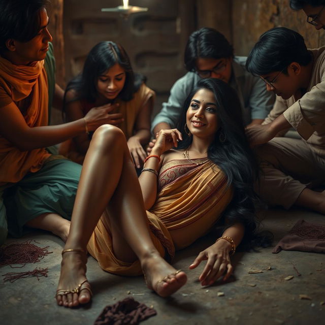 A sensual scene depicting a beautiful Indian woman with long legs, lying on the floor in a humble setting