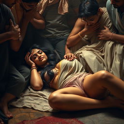 A sensual scene depicting a beautiful Indian woman with long legs, lying on the floor in a humble setting