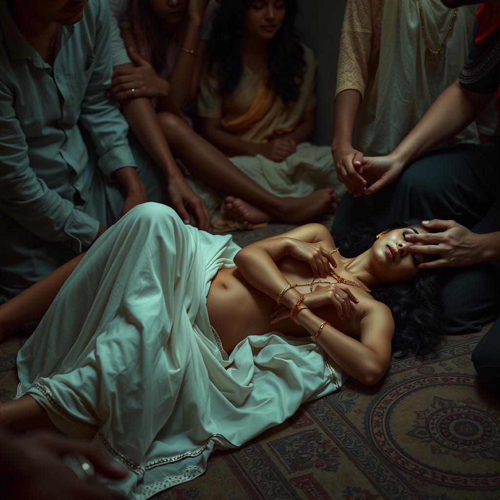 A sensual scene depicting a beautiful Indian woman with long legs, lying on the floor in a humble setting