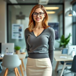 A 22-year-old buxom female secretary, standing happily in her office