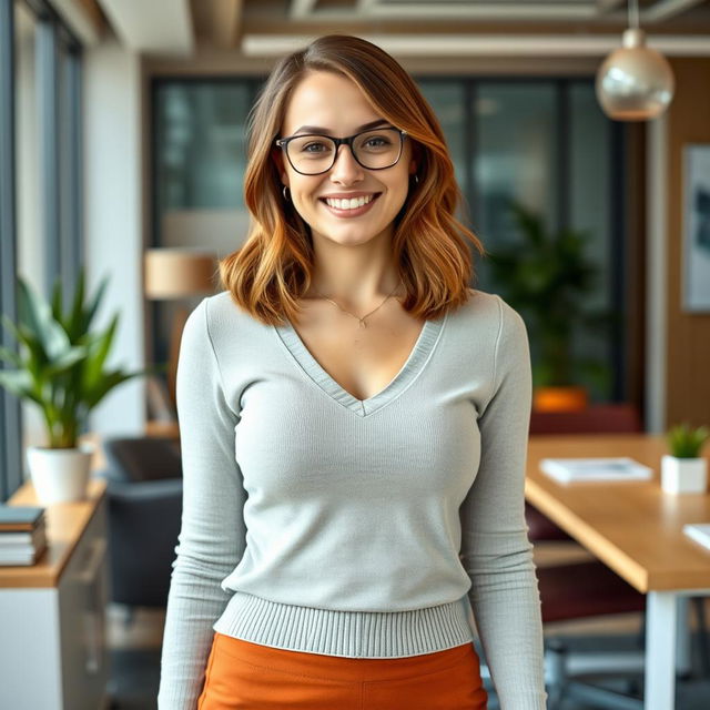 A 22-year-old buxom female secretary, standing happily in her office