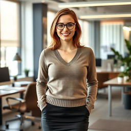 A 22-year-old buxom female secretary, standing happily in her office