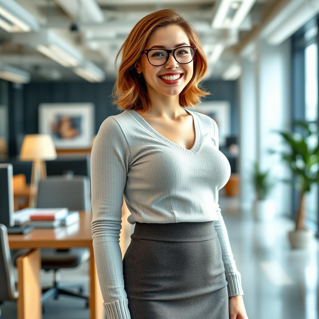 A 22-year-old buxom female secretary, standing happily in her office