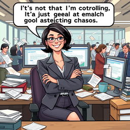 A hyper-realistic illustration of a confident female Executive Assistant sitting at a modern office desk, surrounded by chaotic office supplies, papers, and a computer with multiple screens displaying frantic emails