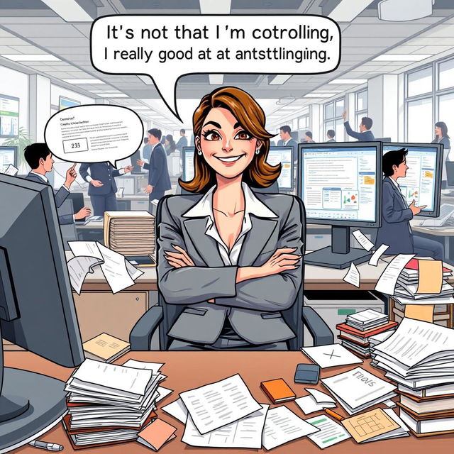 A hyper-realistic illustration of a confident female Executive Assistant sitting at a modern office desk, surrounded by chaotic office supplies, papers, and a computer with multiple screens displaying frantic emails