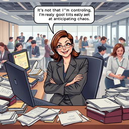 A hyper-realistic illustration of a confident female Executive Assistant sitting at a modern office desk, surrounded by chaotic office supplies, papers, and a computer with multiple screens displaying frantic emails