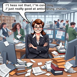 A hyper-realistic illustration of a confident female Executive Assistant sitting at a modern office desk, surrounded by chaotic office supplies, papers, and a computer with multiple screens displaying frantic emails