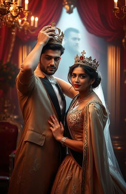 A handsome man being crowned by a beautiful woman, both exhibiting regal and elegant features