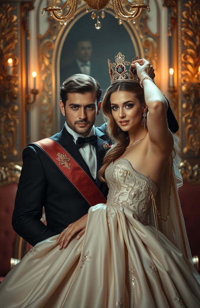 A handsome man being crowned by a beautiful woman, both exhibiting regal and elegant features