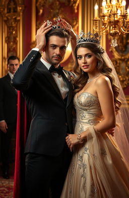 A handsome man being crowned by a beautiful woman, both exhibiting regal and elegant features