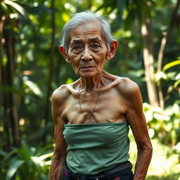 An elderly Thai woman, 90 years old, with a deeply wrinkled face and prominent age lines
