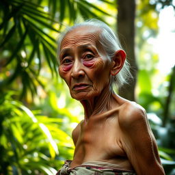 An elderly Thai woman, 90 years old, with a deeply wrinkled face and prominent age lines