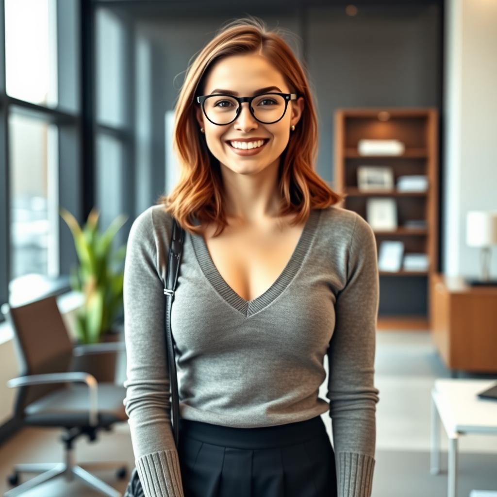 A 22-year-old buxom female secretary, smiling brightly in her office