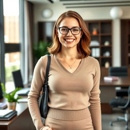 A 22-year-old buxom female secretary, smiling brightly in her office