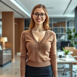 A 22-year-old buxom female secretary, smiling brightly in her office