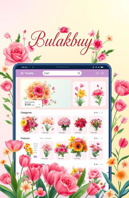A vibrant and engaging illustration of an online flower shopping platform named 'Bulakbuy'