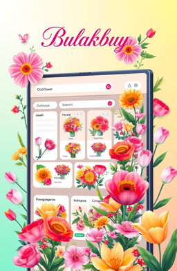 A vibrant and engaging illustration of an online flower shopping platform named 'Bulakbuy'